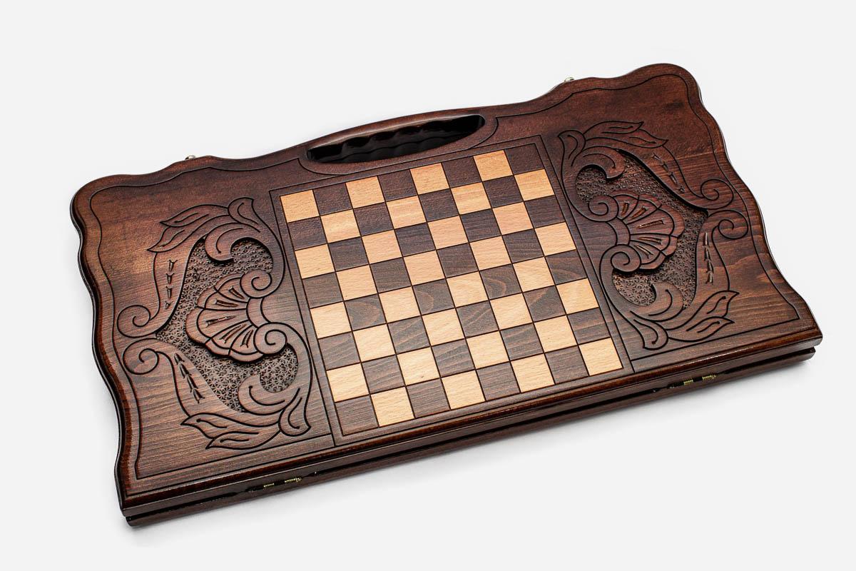 Angled view of the Russia national symbols carved backgammon board