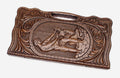Carved beechwood backgammon board with Samson defeating the lion, propped open