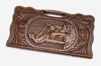 Carved beechwood backgammon board with Samson defeating the lion, propped open