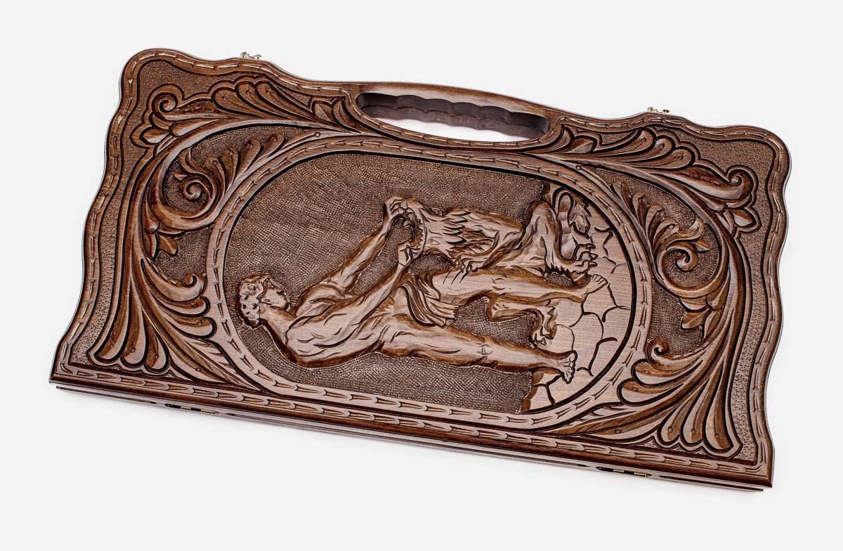 Carved beechwood backgammon board with Samson defeating the lion, propped open
