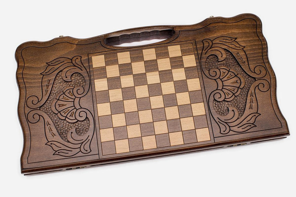 Angled view of the Samson and the lion carved backgammon board