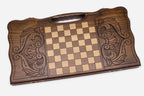Angled view of the Samson and the lion carved backgammon board