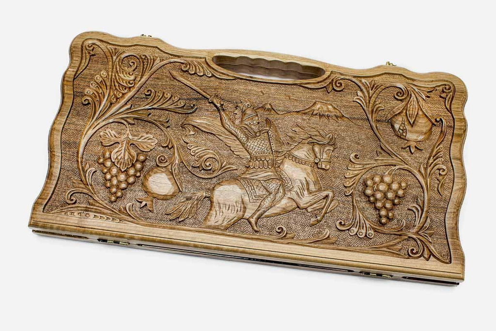 Carved walnut backgammon board with Vardan Mamikonyan and a carry handle, propped open
