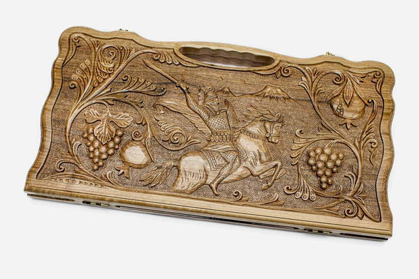 Carved walnut backgammon board with Vardan Mamikonyan and a carry handle, propped open
