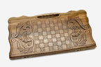 Angled view of the Vardan Mamikonyan carved walnut backgammon board