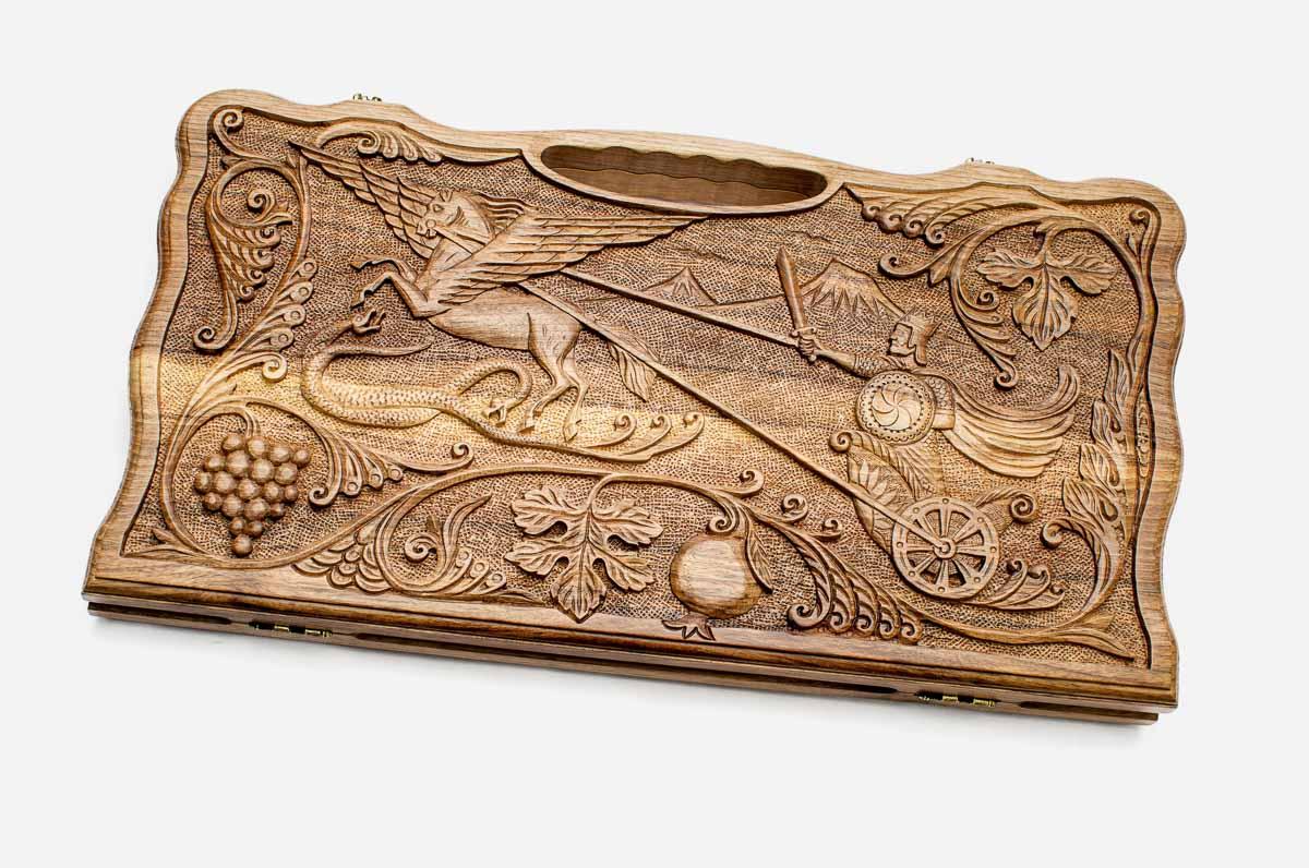 Carved walnut backgammon board with King Tigran the Great and a carry handle, propped open