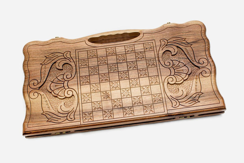 Angled view of the Tigran the Great walnut backgammon board