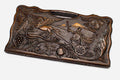 Carved beechwood backgammon board with Emperor Tigran the Great and a carry handle, propped open