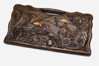 Carved beechwood backgammon board with Emperor Tigran the Great and a carry handle, propped open