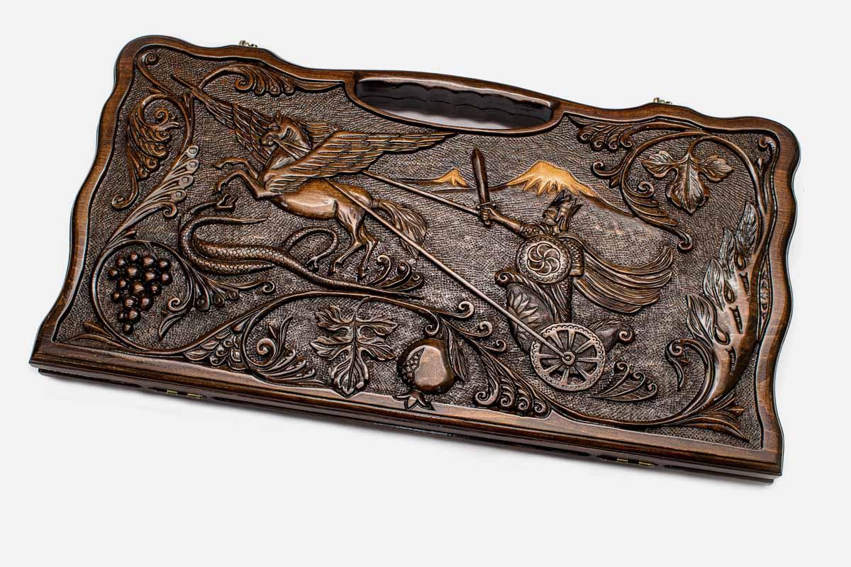 Carved beechwood backgammon board with Emperor Tigran the Great and a carry handle, propped open