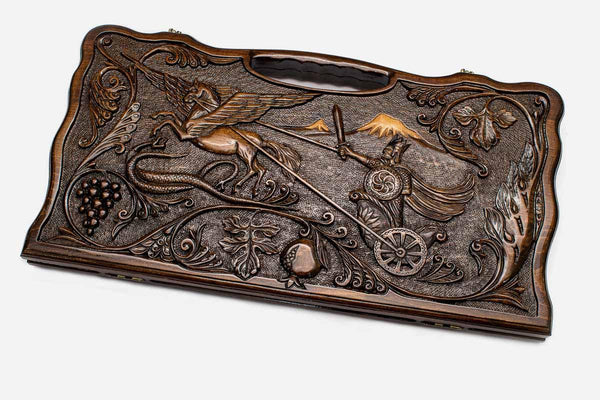 Carved beechwood backgammon board with Emperor Tigran the Great and a carry handle, propped open