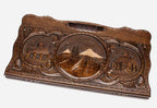 Carved beechwood backgammon board with Mount Ararat and two monasteries, propped open