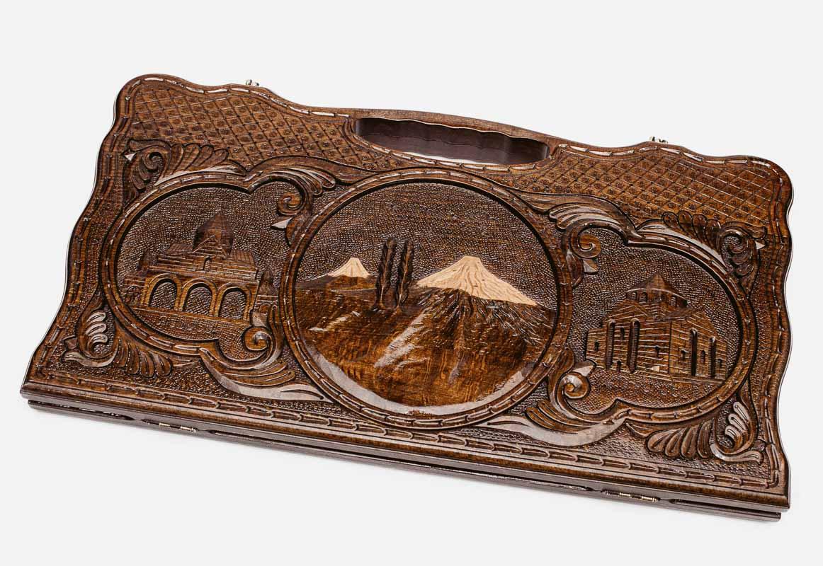 Carved beechwood backgammon board with Mount Ararat and two monasteries, propped open