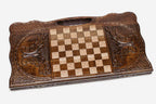 Angled view of the Mount Ararat and monasteries carved backgammon board