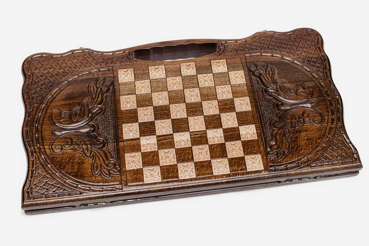 Angled view of the Mount Ararat and monasteries carved backgammon board