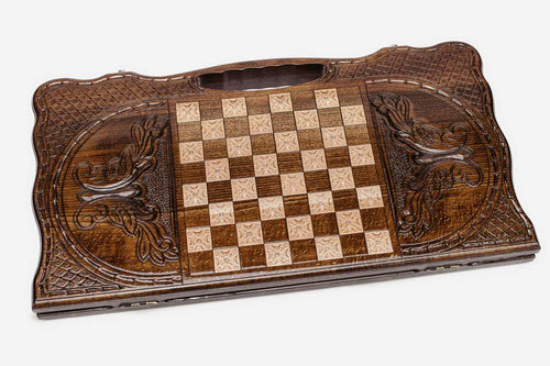 Angled view of the Mount Ararat and monasteries carved backgammon board