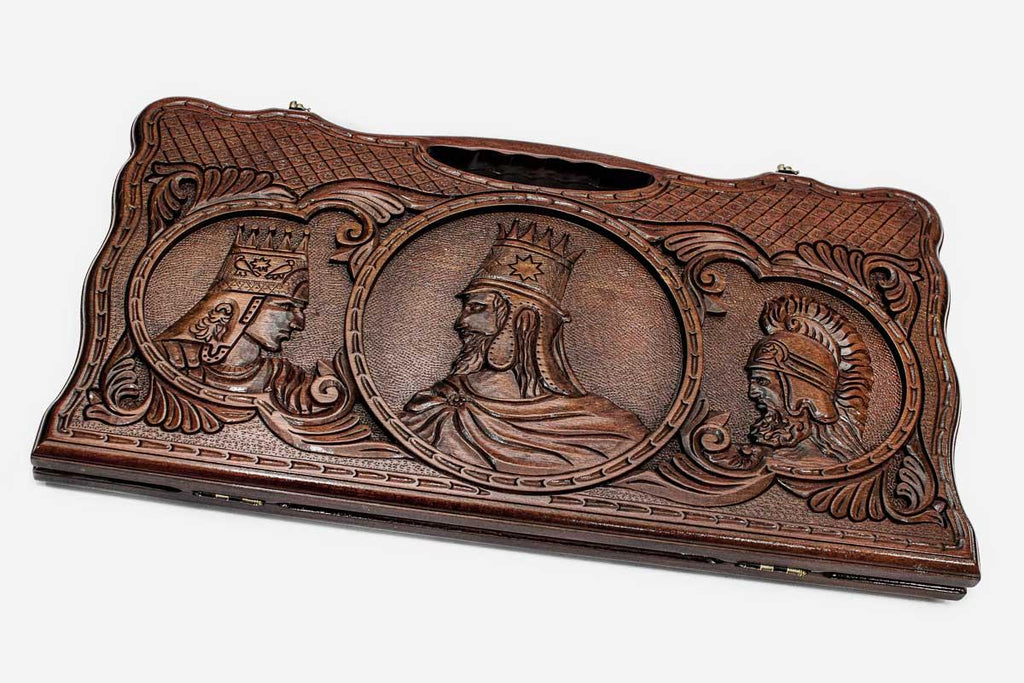Carved beechwood backgammon board with three crowned Armenian kings, propped open