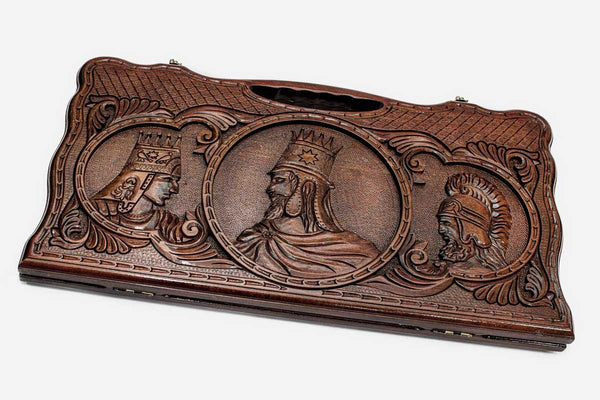 Carved beechwood backgammon board with three crowned Armenian kings, propped open
