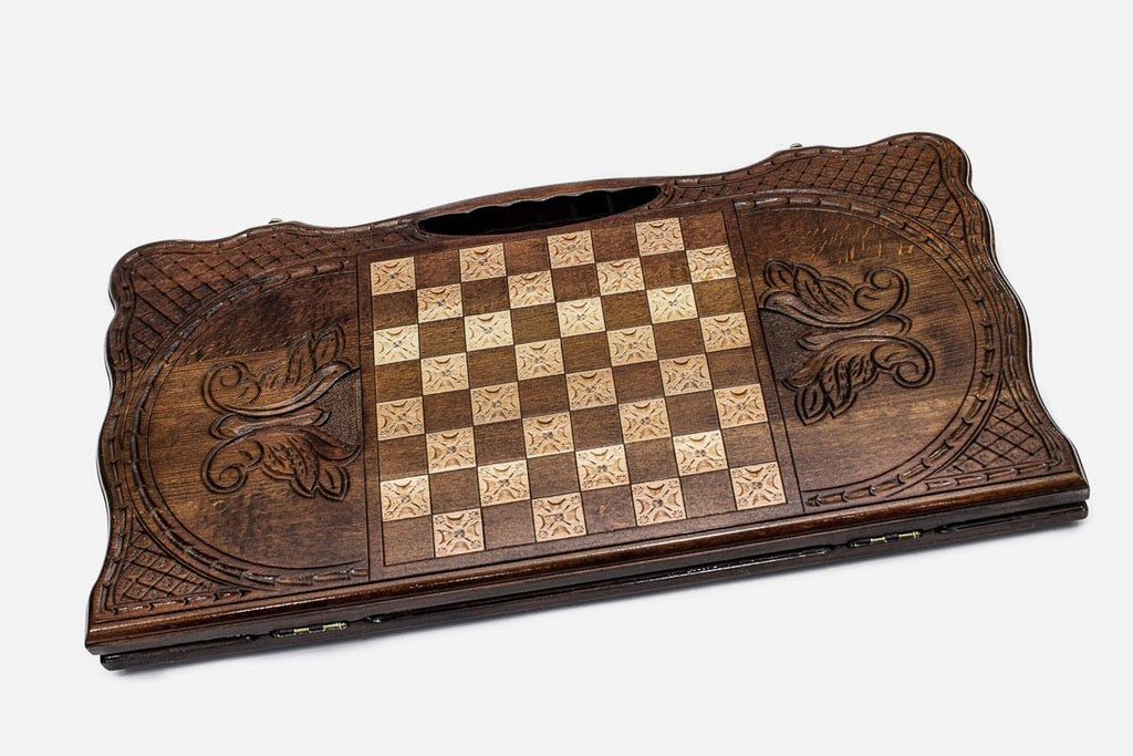 Angled view of the three Armenian kings carved backgammon board