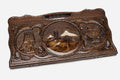 Carved beechwood backgammon board with Mount Ararat at the center and two side scenes, propped open