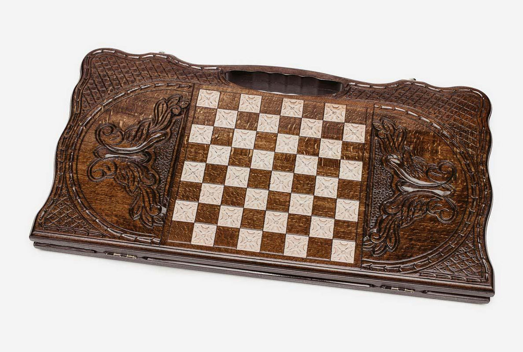 Angled view of the Mount Ararat triptych carved backgammon board