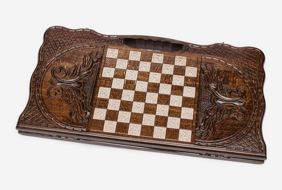 Angled view of the Mount Ararat triptych carved backgammon board