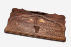 Carved beechwood backgammon board with Mount Ararat and a cluster of grapes, propped open