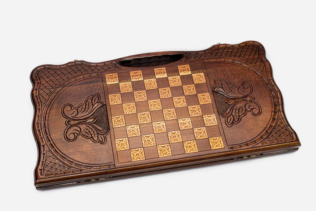 Angled view of the Mount Ararat vineyard carved backgammon board