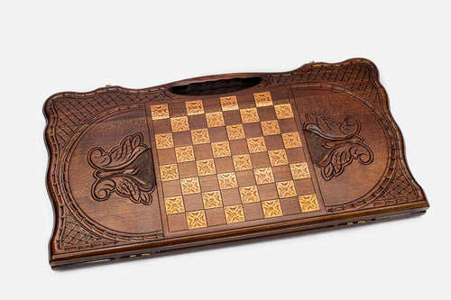 Angled view of the Mount Ararat vineyard carved backgammon board