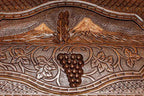 The backgammon board opened to show the wooden playing surface