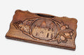 Carved beechwood backgammon board with Etchmiadzin Cathedral at the center, propped open