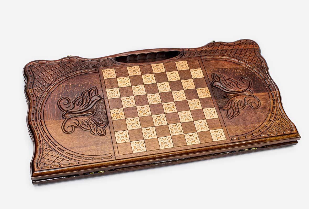 Angled view of the Echmiadzin cathedral carved backgammon board