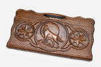Carved beechwood backgammon board with a wolf, a lion and an octagon ornament, propped open