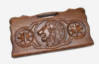 Angled view of the wolf, lion and octagon carved backgammon board