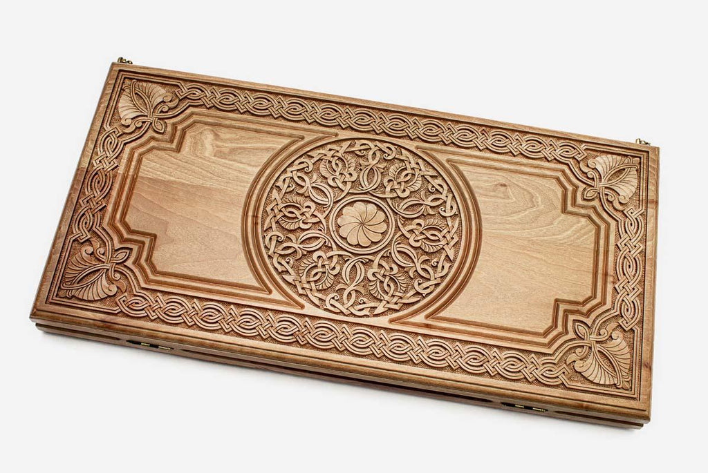 Luxury walnut backgammon set carved with Armenian carpet ornament