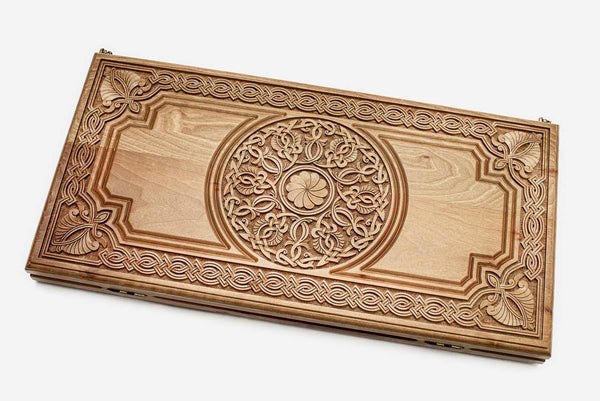 Luxury walnut backgammon set carved with Armenian carpet ornament