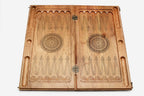 Walnut Armenian backgammon set folded, carved border showing