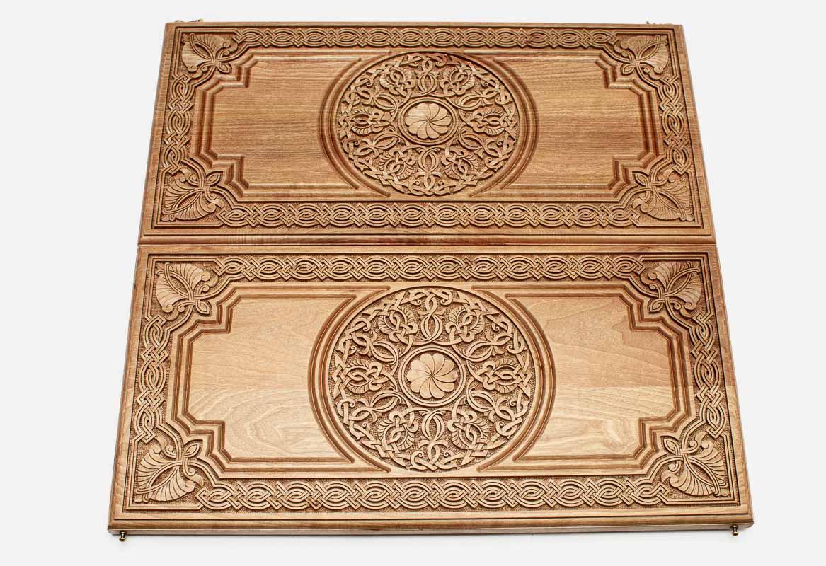 Walnut backgammon set interior with carved points