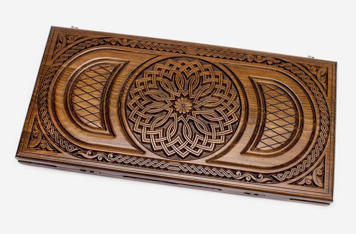 Armenian backgammon set with open-carved ornament in warm wood