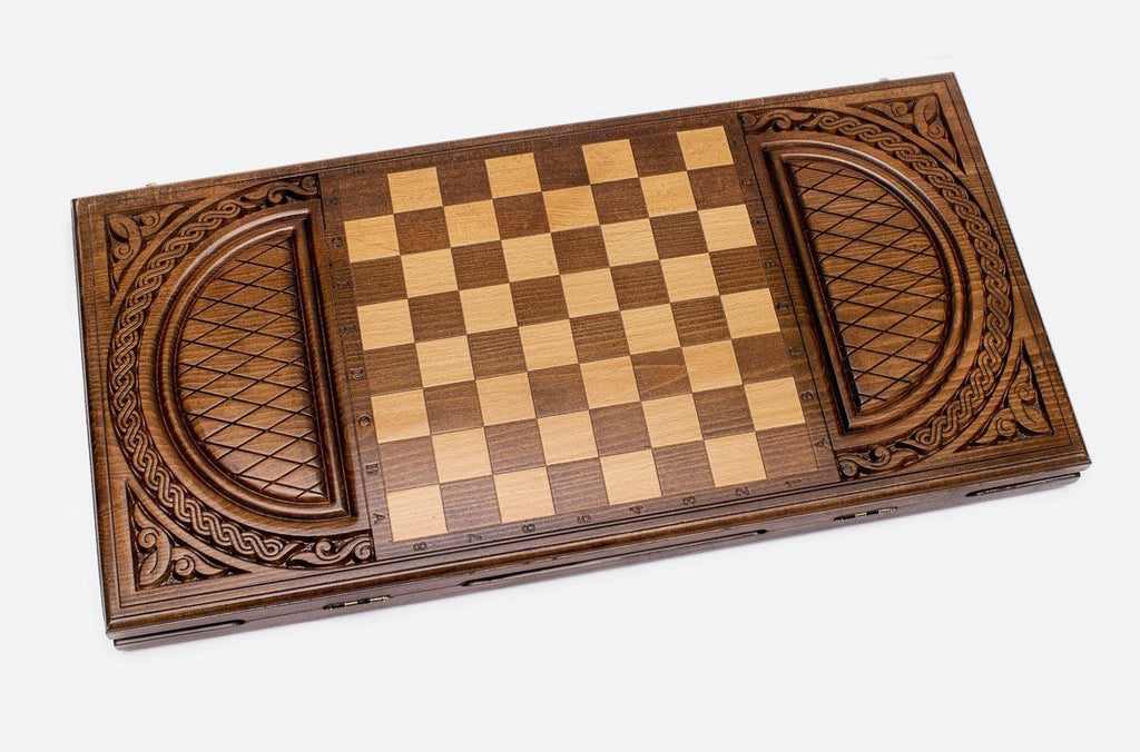 Open-carved ornament backgammon set folded, grain showing between motifs