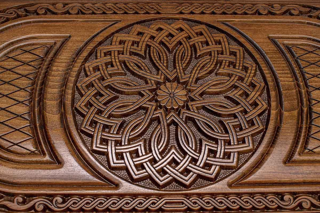 Armenian open-carved backgammon set with checkers and dice