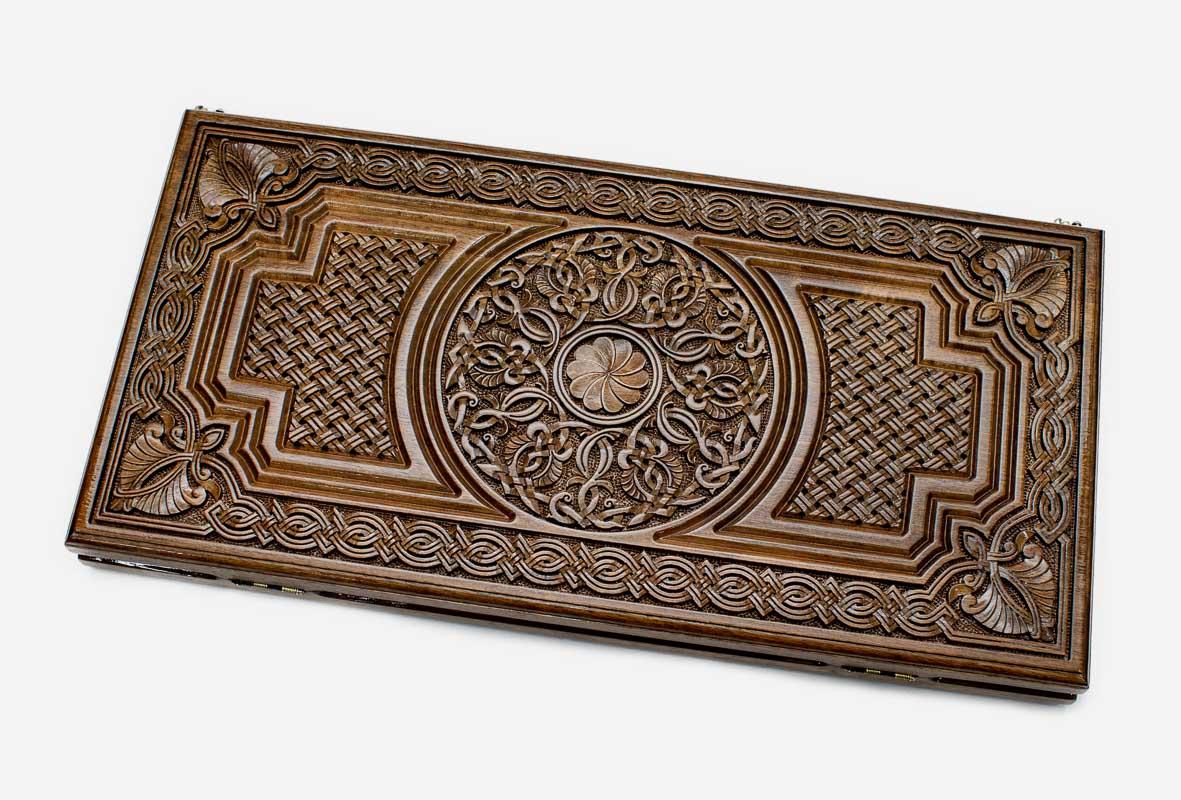 Luxury walnut backgammon set carved with interlaced Armenian ornament
