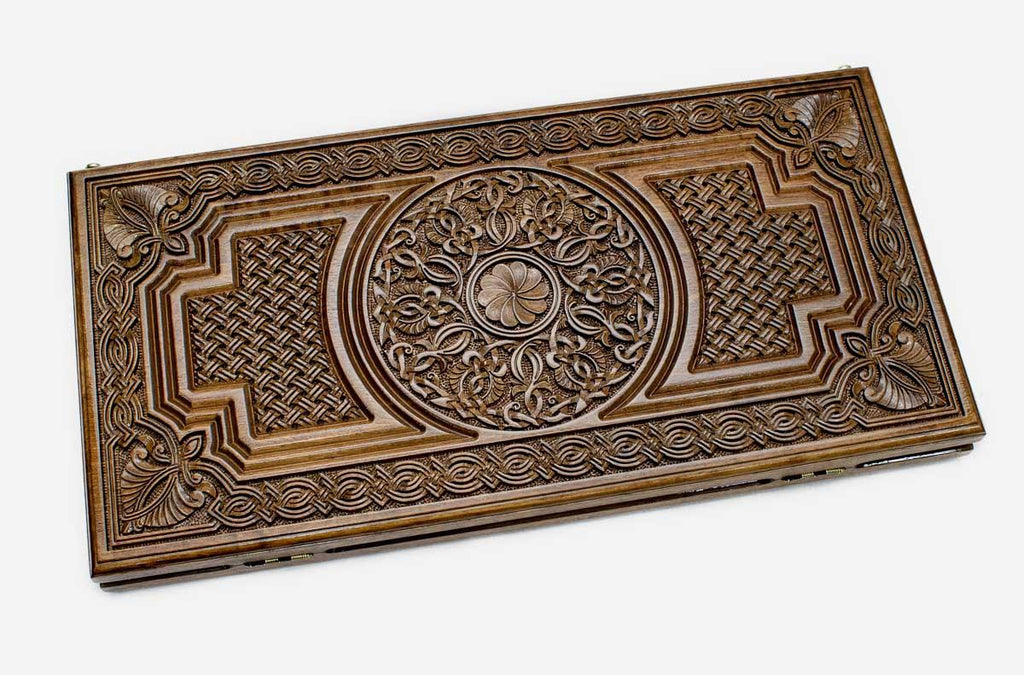 Walnut Armenian interlace backgammon set folded, carving edge to edge