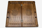 Interlaced Armenian knotwork carved in dark walnut, close view
