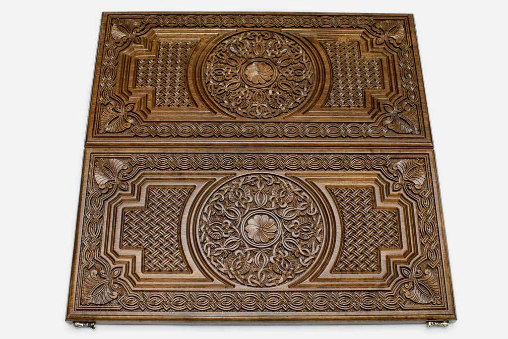 Walnut backgammon set interior with carved points