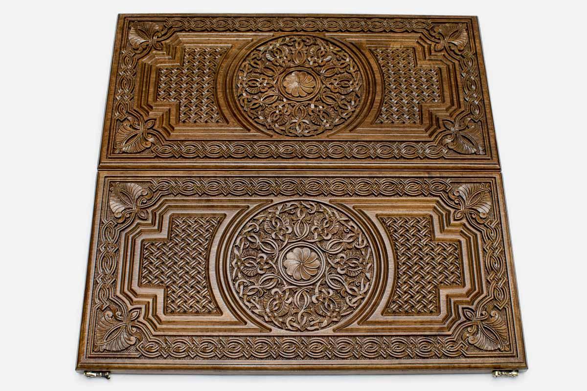Walnut backgammon set interior with carved points