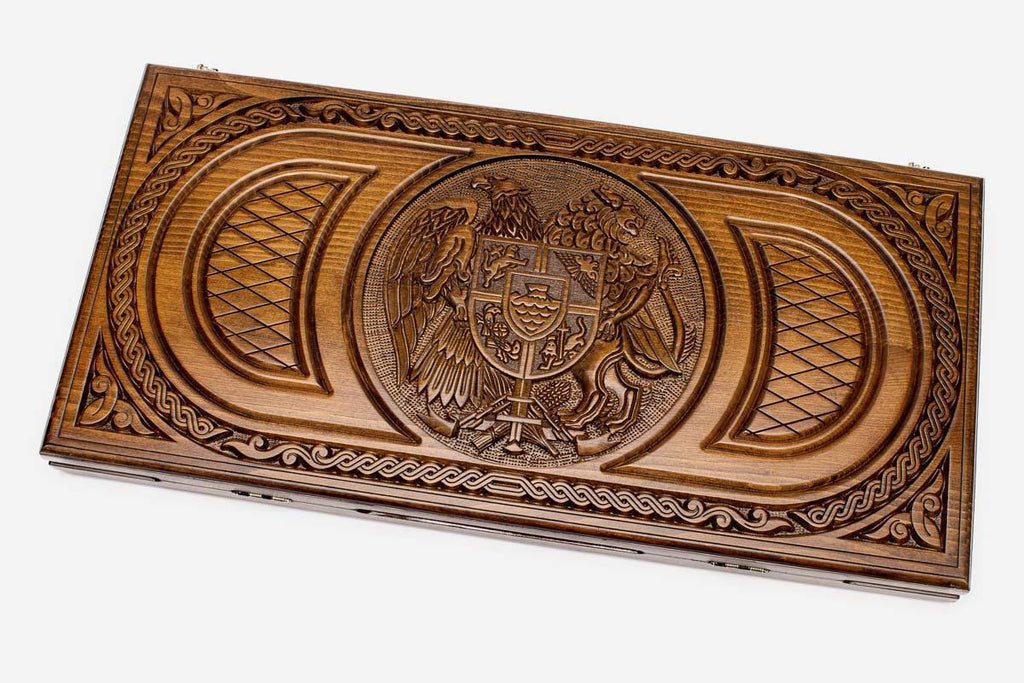 Armenian backgammon set carved with the Noah's Ark coat of arms