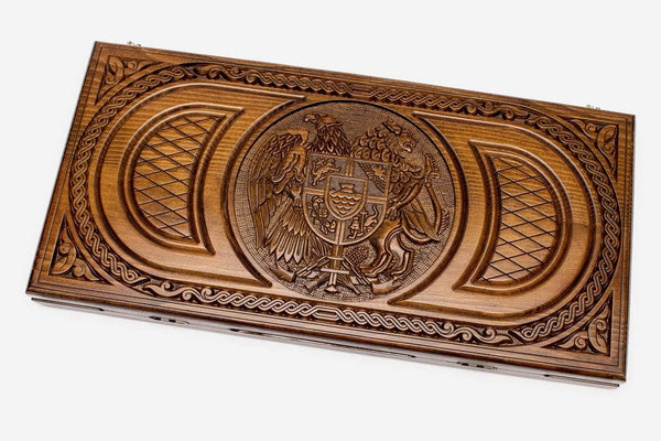 Armenian backgammon set carved with the Noah's Ark coat of arms