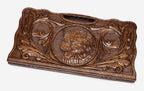 Carved beechwood backgammon board with a lone wolf and a carry handle, propped open