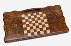 Angled view of the lone wolf carved backgammon board